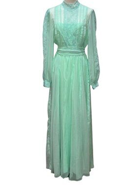 Vintage Union Made 70s Mint Green Victorian Cottagecore Lace Maxi Dress S/M